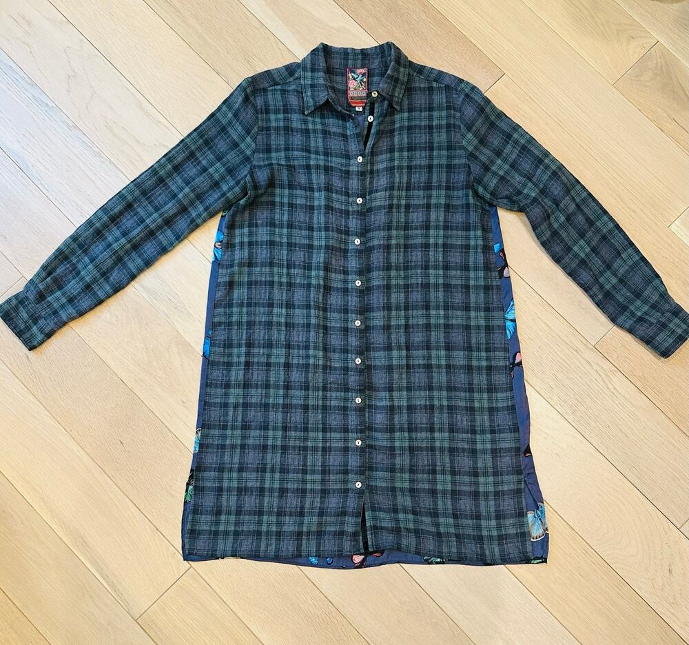 Johnny Was 3J Workshop Plaid Blue Green Button Butterfly Dress Women's Sz Small
